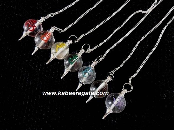 Crystal Quartz Colourful Ball Sanskrit Pendulum Set (Silver)